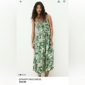 H&M Green and Cream Patterned Strappy Midi Dress XS